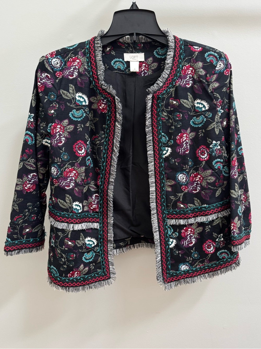LOFT Black Floral Fringe Open-Front Jacket